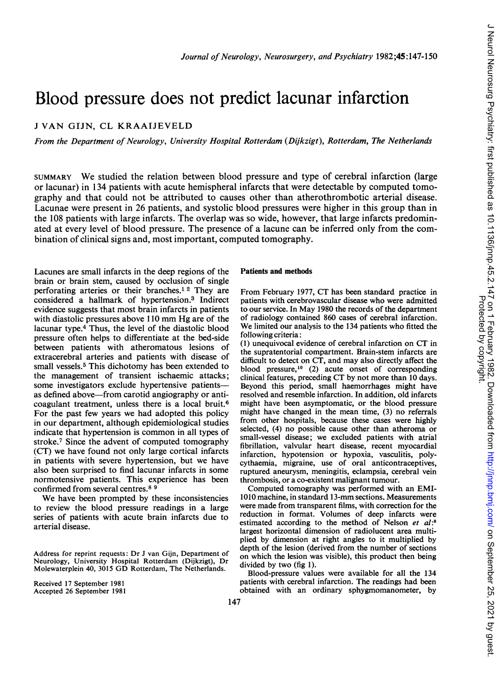 Blood Pressure Does Not Predict Lacunar Infarction