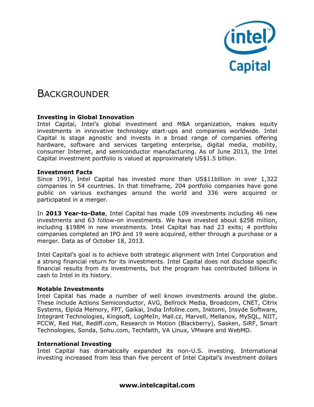 Intel Capital Worldwide Backgrounder