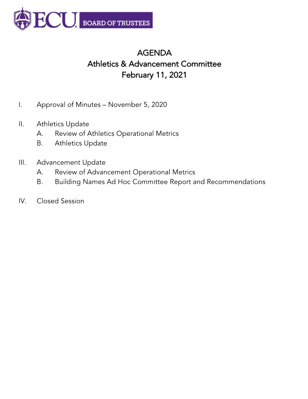 AGENDA Athletics & Advancement Committee February 11, 2021