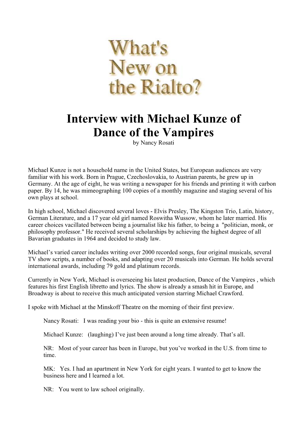 Interview with Michael Kunze of Dance of the Vampires by Nancy Rosati