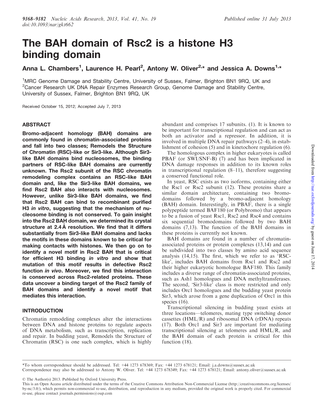 The BAH Domain of Rsc2 Is a Histone H3 Binding Domain Anna L