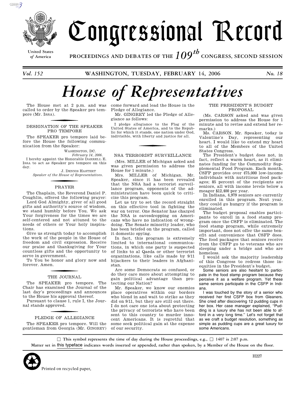 Congressional Record United States Th of America PROCEEDINGS and DEBATES of the 109 CONGRESS, SECOND SESSION