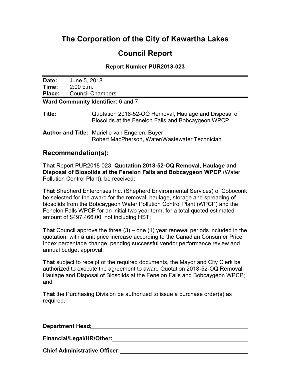 The Corporation of the City of Kawartha Lakes Council Report