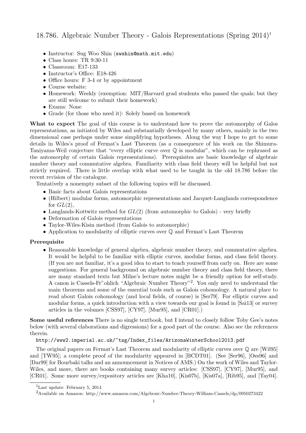 Galois Representations (Spring 2014)1