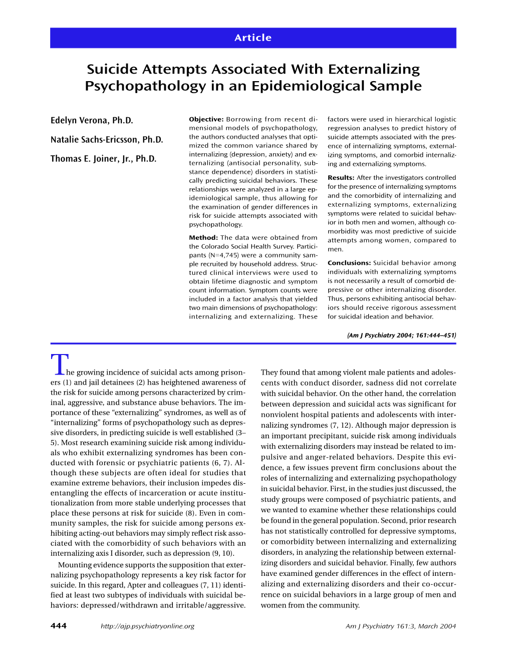 Suicide Attempts Associated with Externalizing Psychopathology in an Epidemiological Sample