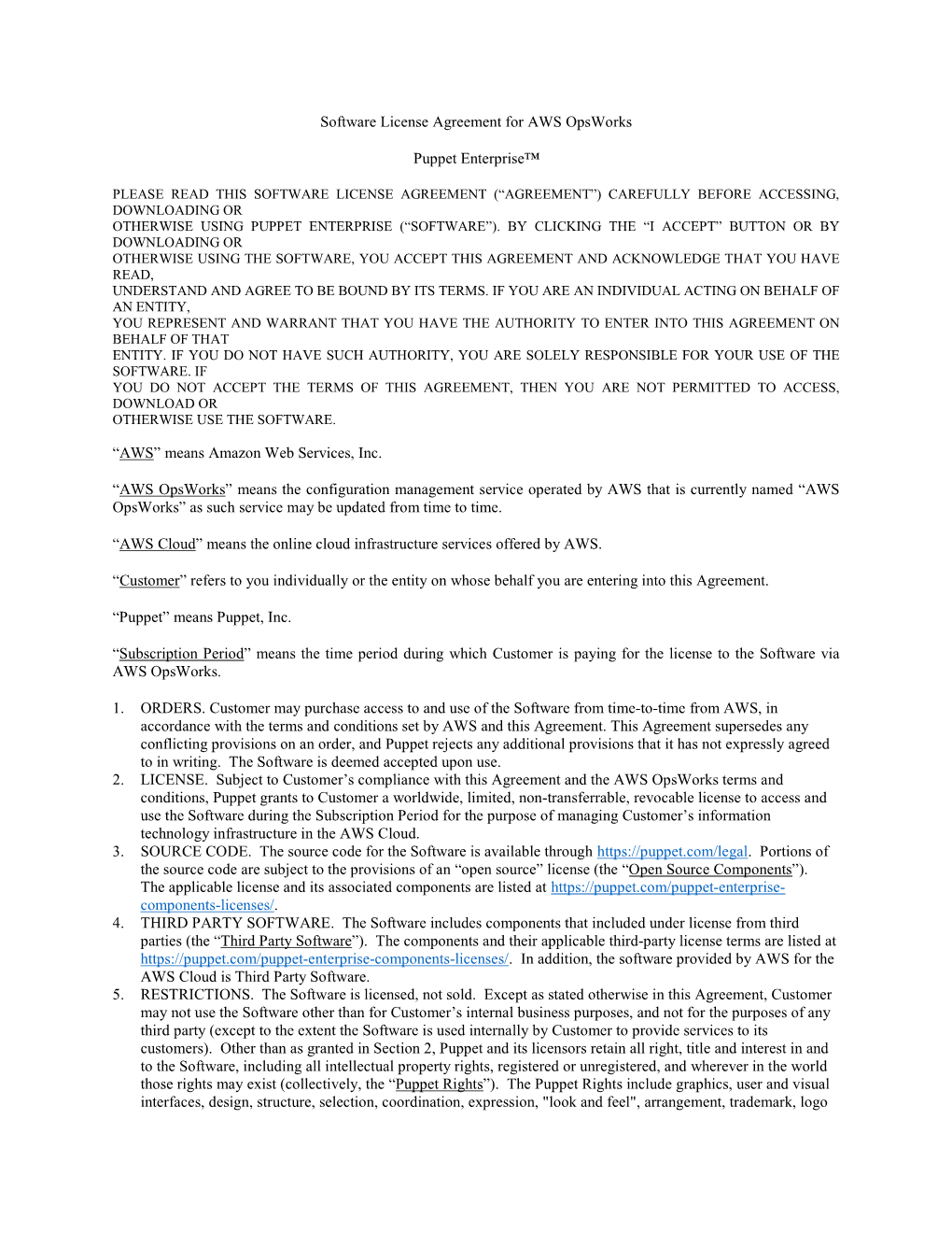 Software License Agreement for AWS Opsworks Puppet Enterprise
