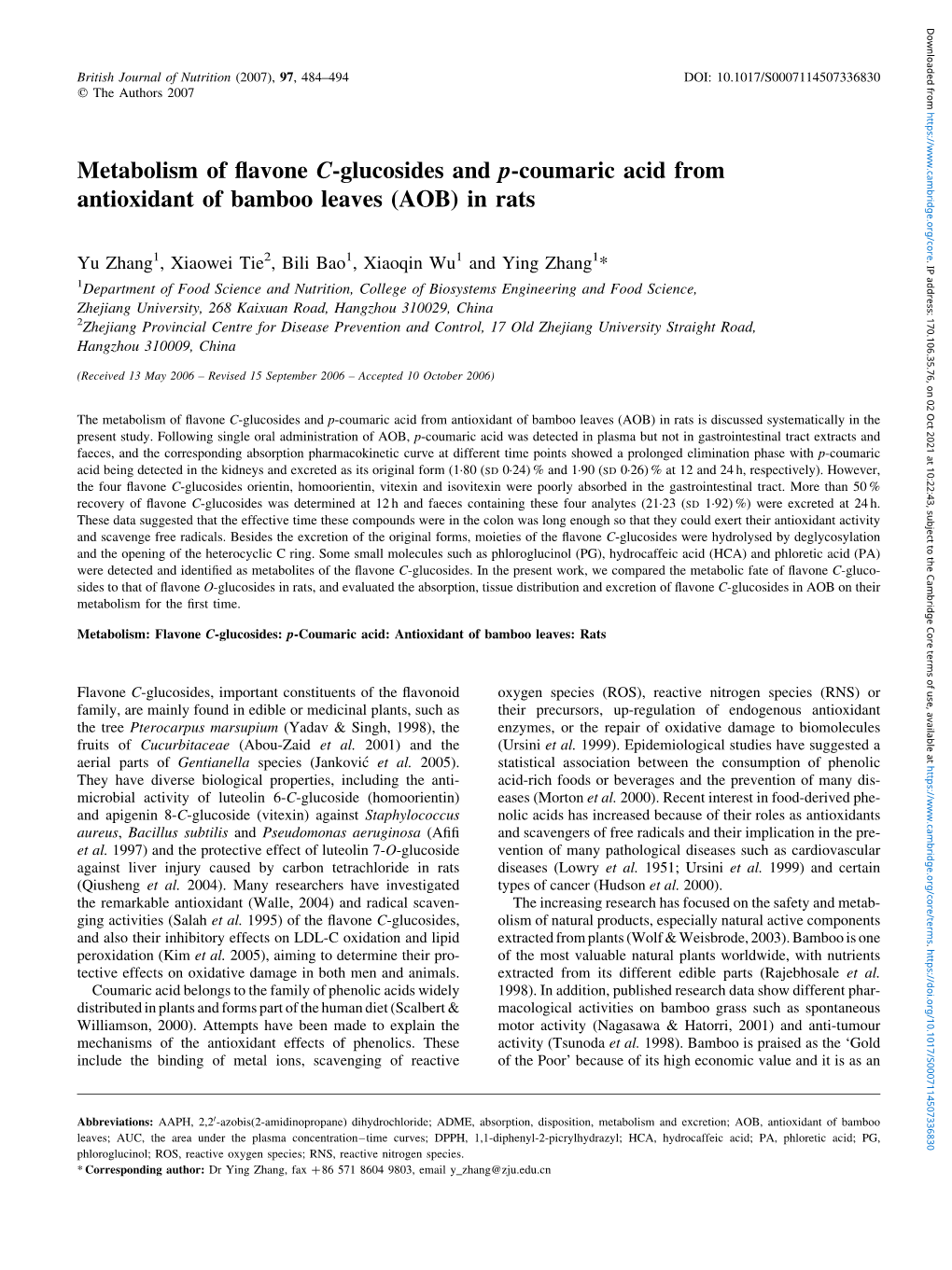 Metabolism of Flavone C-Glucosides and P-Coumaric Acid From