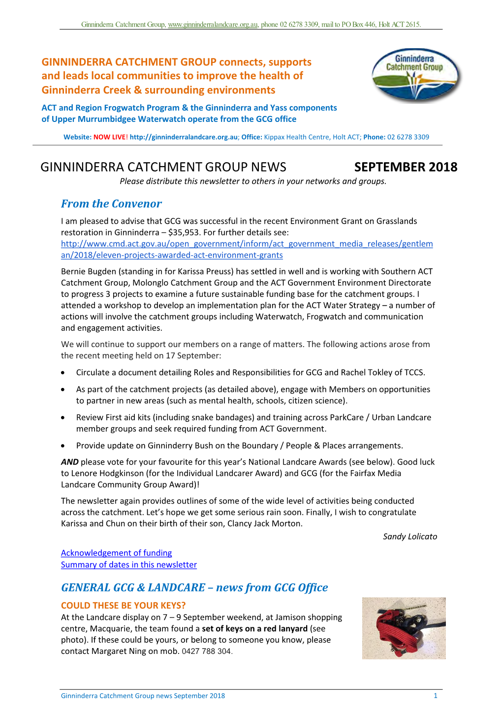 GINNINDERRA CATCHMENT GROUP NEWS SEPTEMBER 2018 Please Distribute This Newsletter to Others in Your Networks and Groups