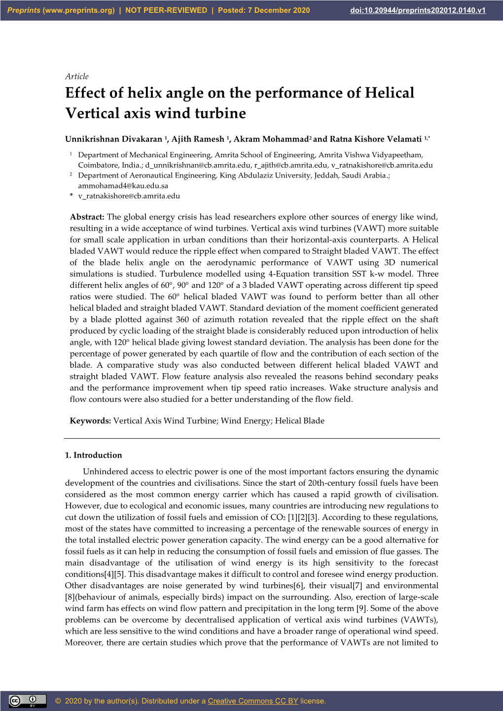 Effect of Helix Angle on the Performance of Helical Vertical Axis Wind Turbine