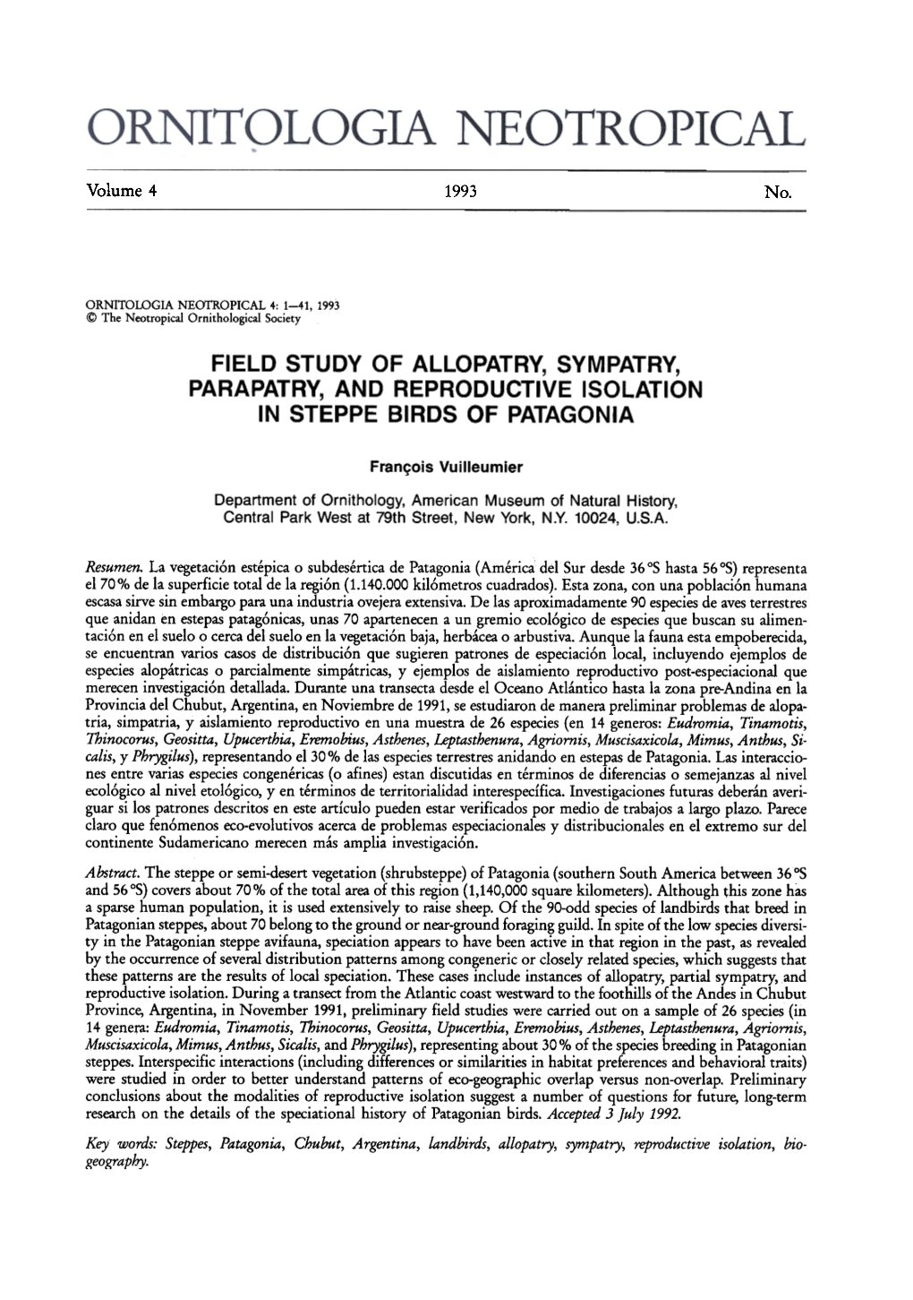 Field Study of Allopatry, Sympatry, Parapatry, and Reproductive Isolation in Steppe Birds of Patagonia