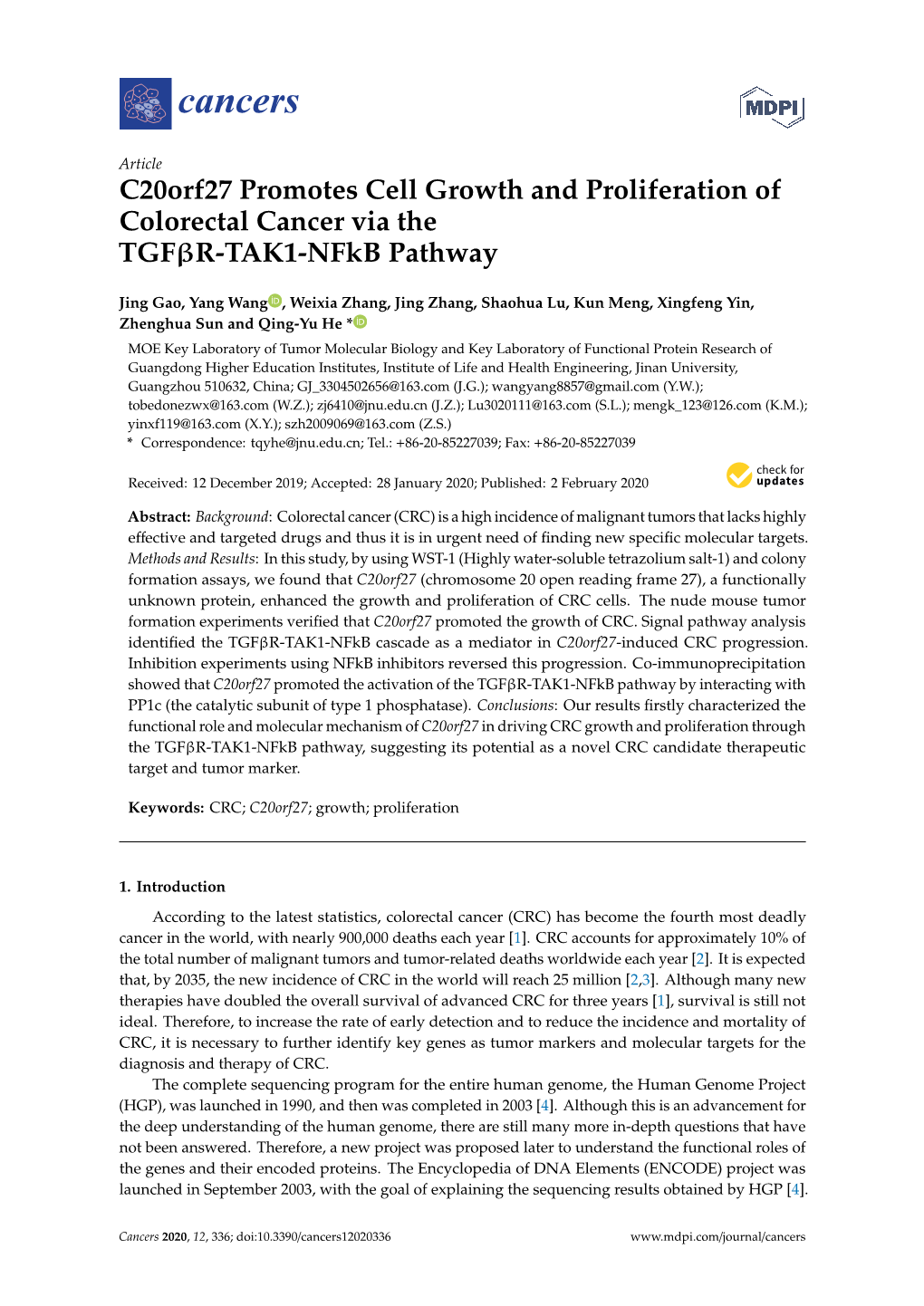 C20orf27 Promotes Cell Growth and Proliferation of Colorectal Cancer Via the Tgfβr-TAK1-Nfkb Pathway