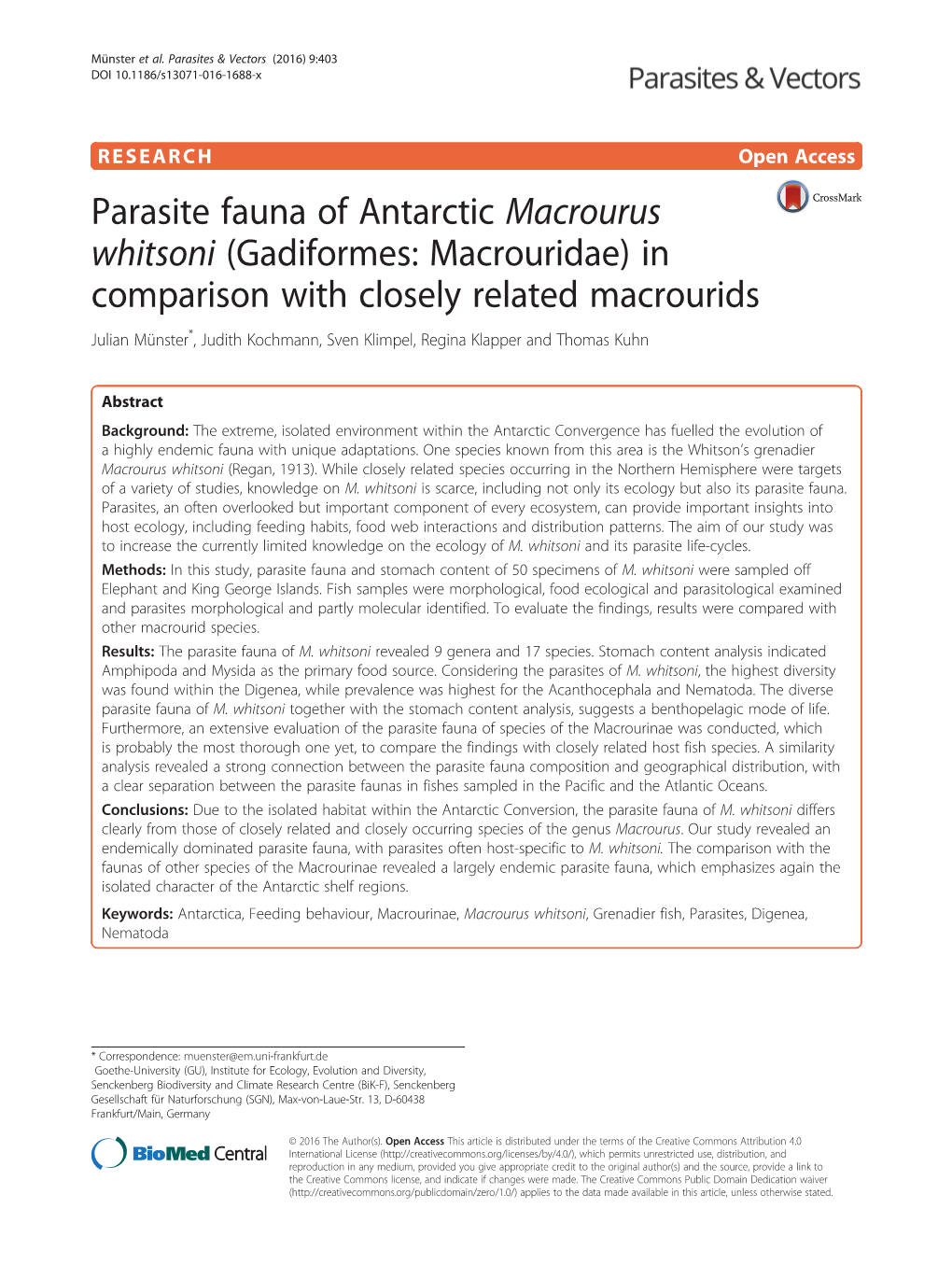 Parasite Fauna of Antarctic Macrourus Whitsoni