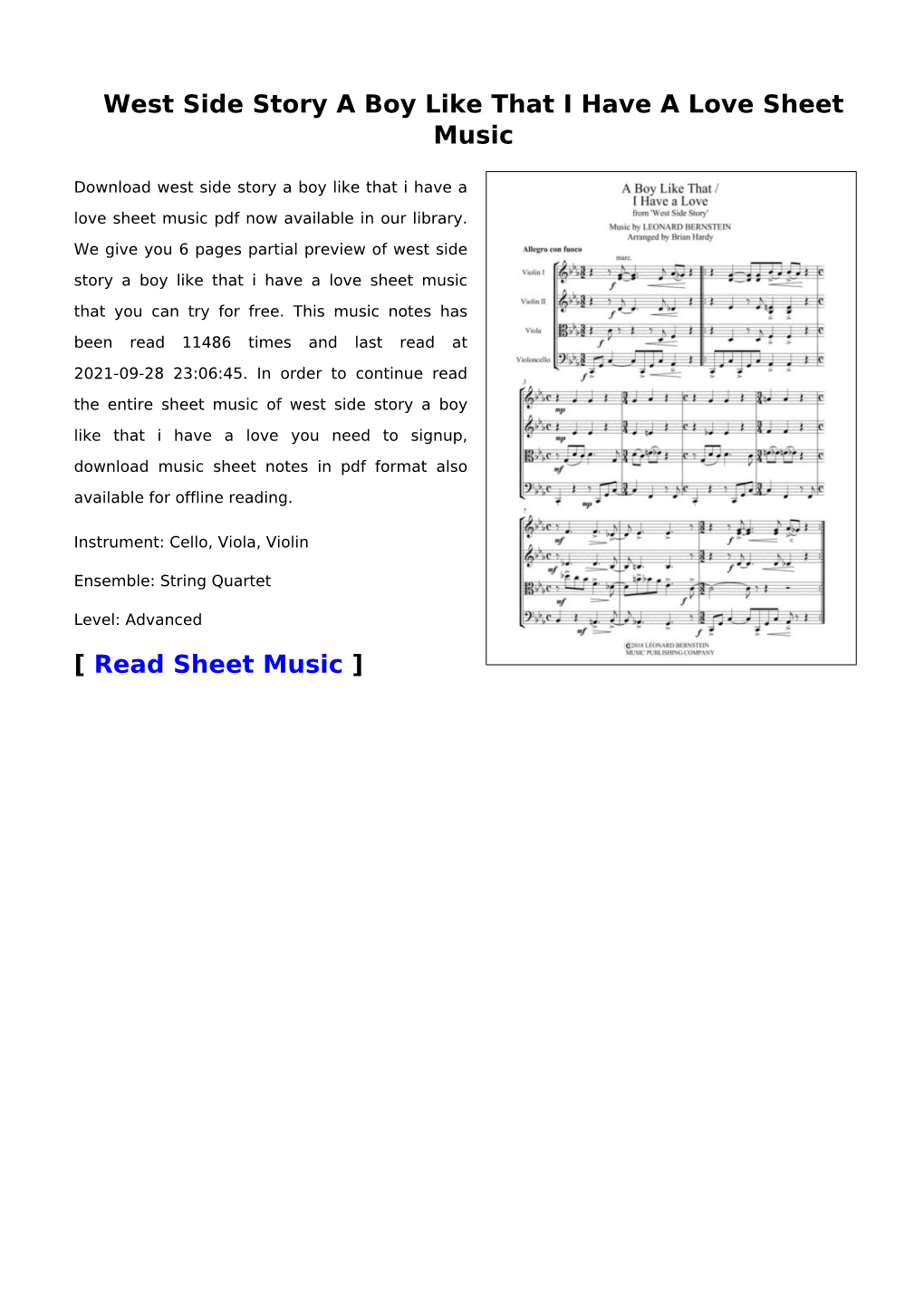 West Side Story a Boy Like That I Have a Love Sheet Music