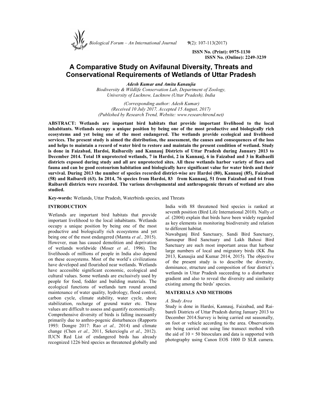 A Comparative Study on Avifaunal Diversity, Threats and Conservational Requirements of Wetlands of Uttar Pradesh