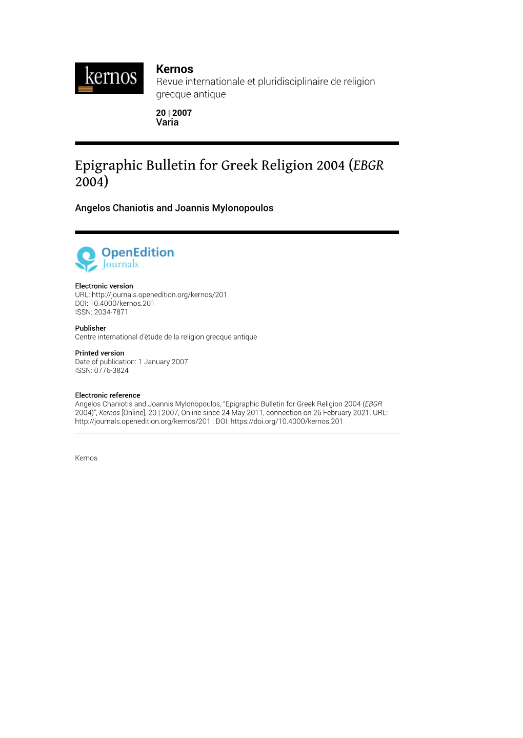 Epigraphic Bulletin for Greek Religion 2004 (EBGR 2004)