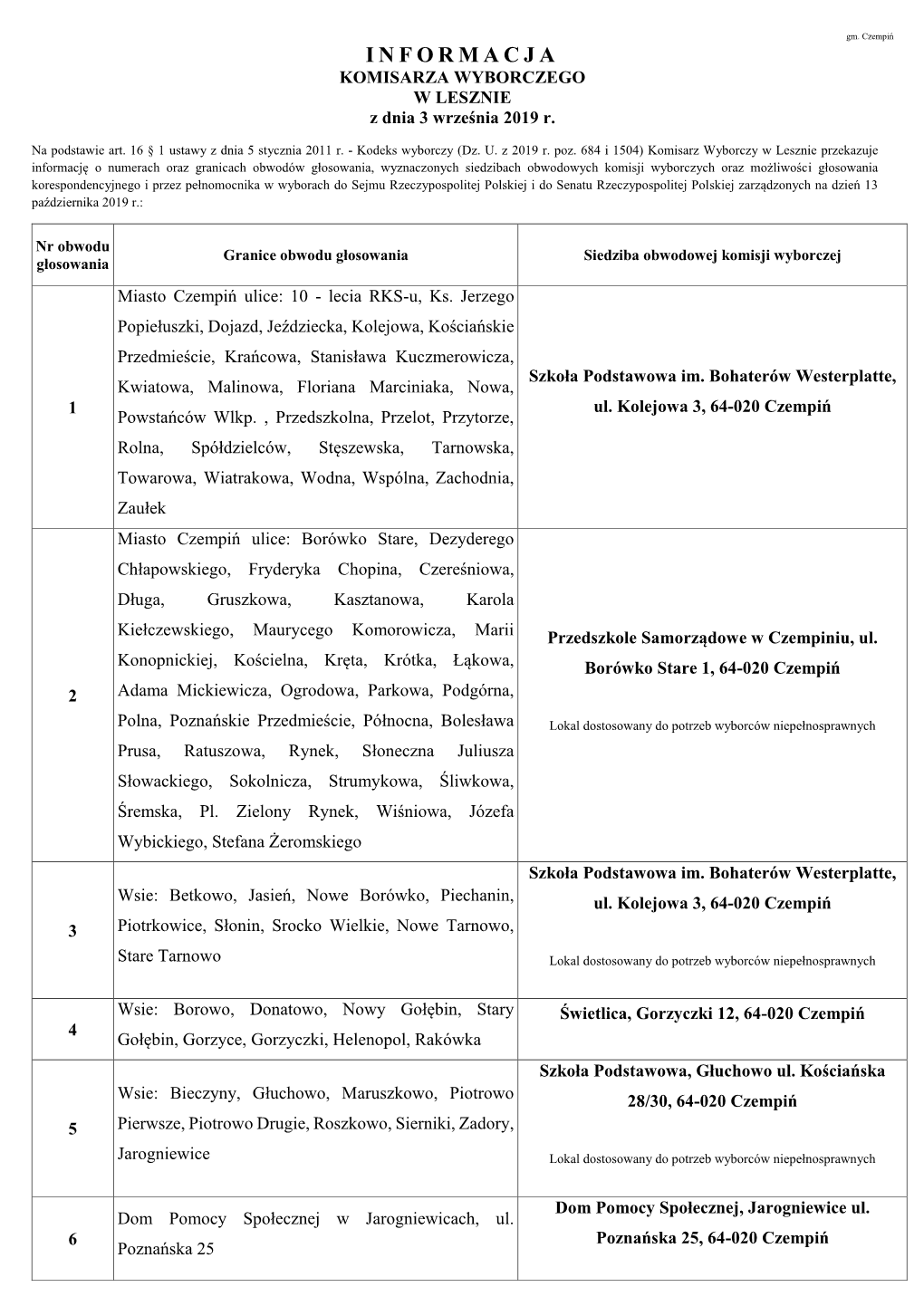 INFORMACJA KOMISARZA WYBORCZEGO W LESZNIE Z Dnia 3 Września 2019 R