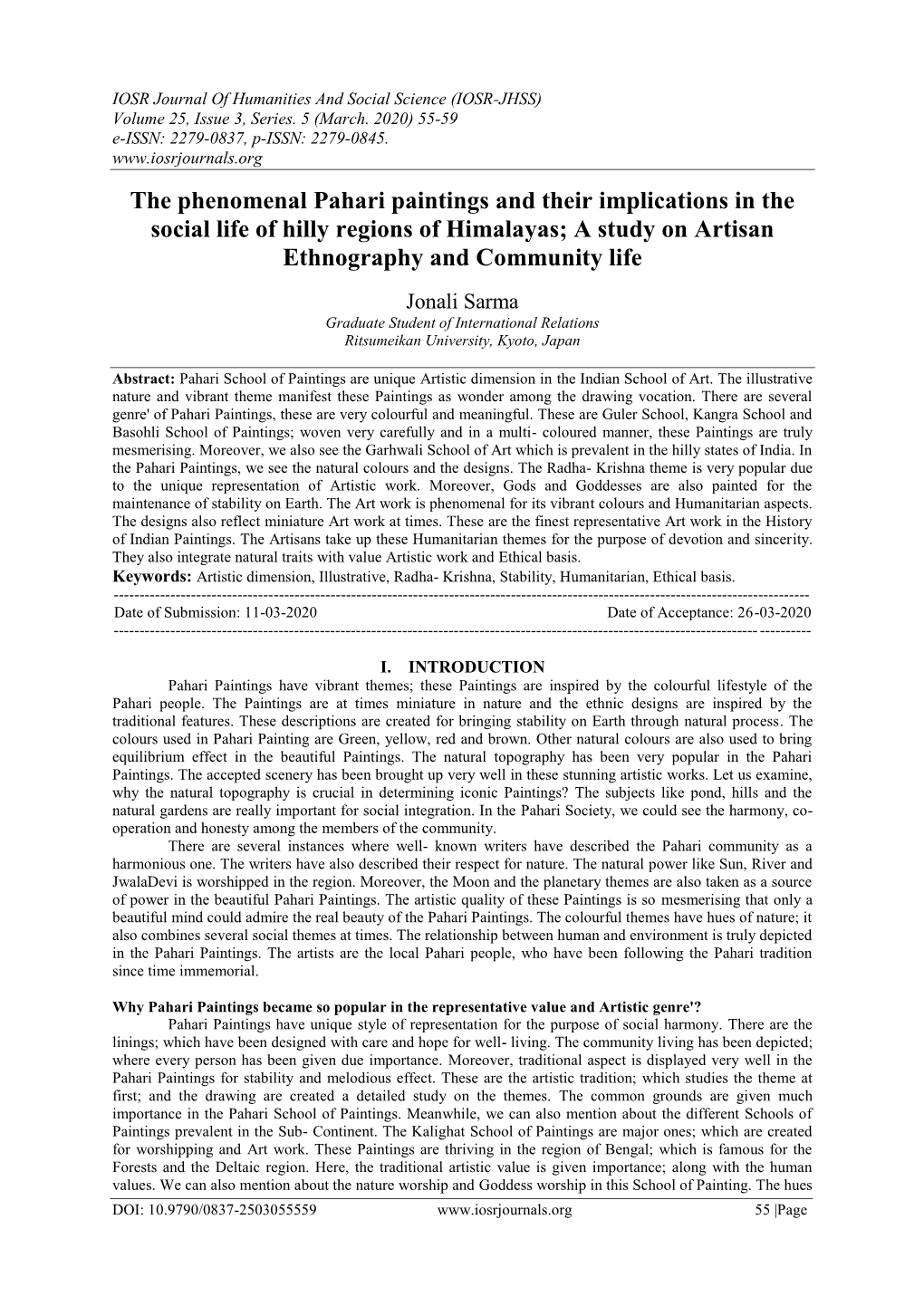 The Phenomenal Pahari Paintings and Their Implications in the Social Life of Hilly Regions of Himalayas; a Study on Artisan Ethnography and Community Life