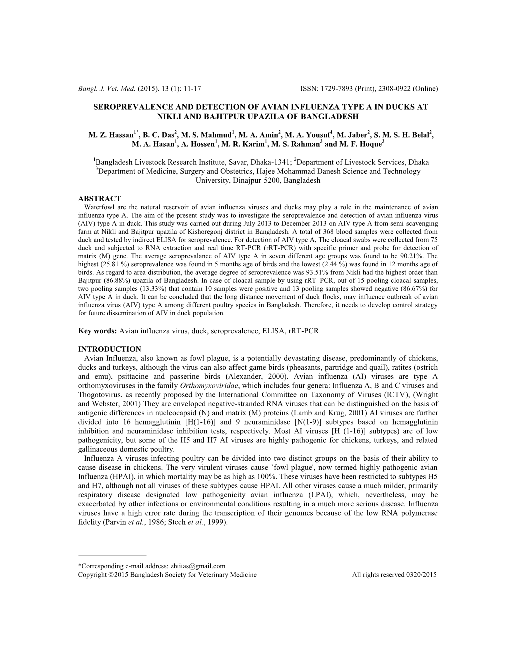 Seroprevalence and Detection of Avian Influenza Type a in Ducks at Nikli and Bajitpur Upazila of Bangladesh