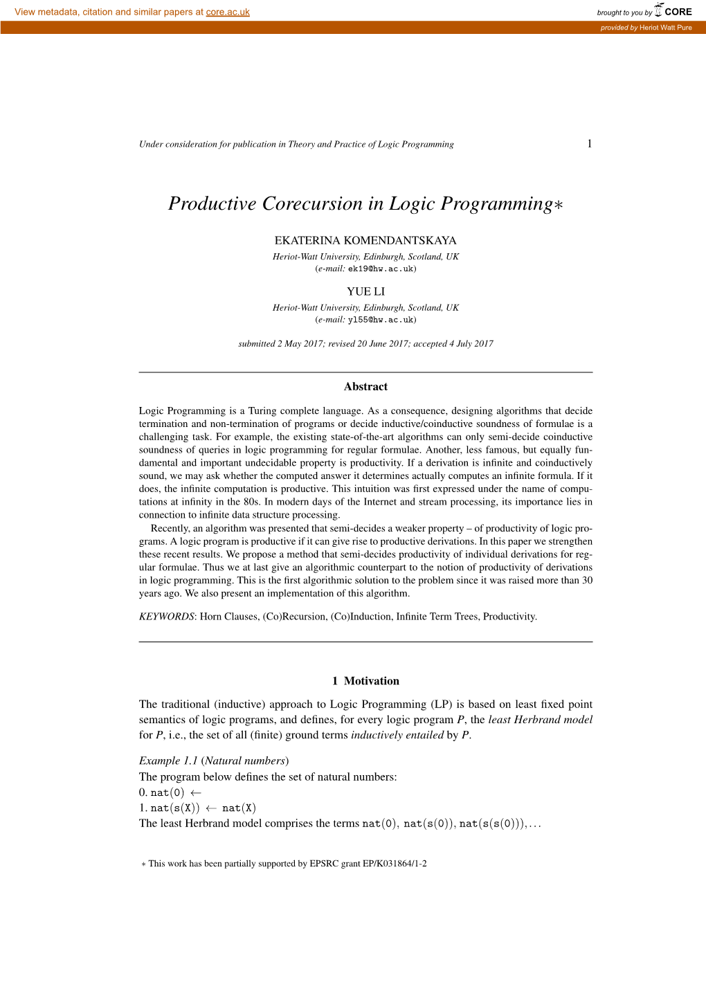 Productive Corecursion in Logic Programming∗