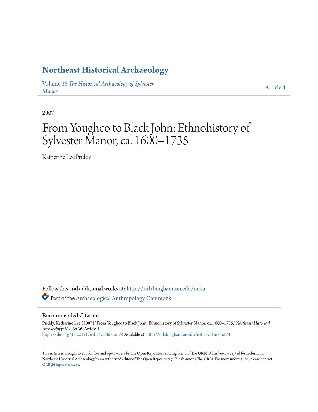 Ethnohistory of Sylvester Manor, Ca. 1600–1735 Katherine Lee Priddy