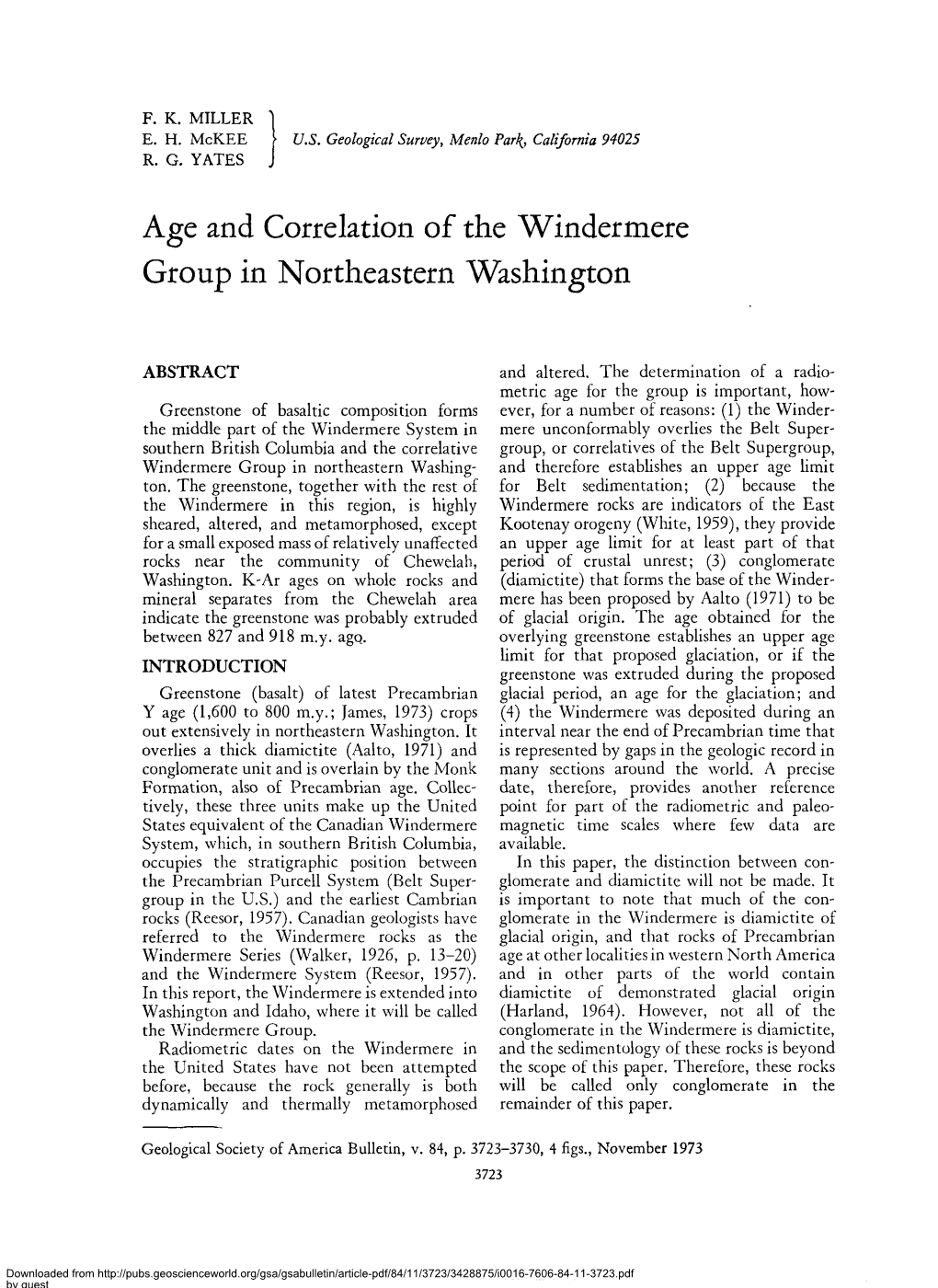Age and Correlation of the Windermere Group in Northeastern Washington