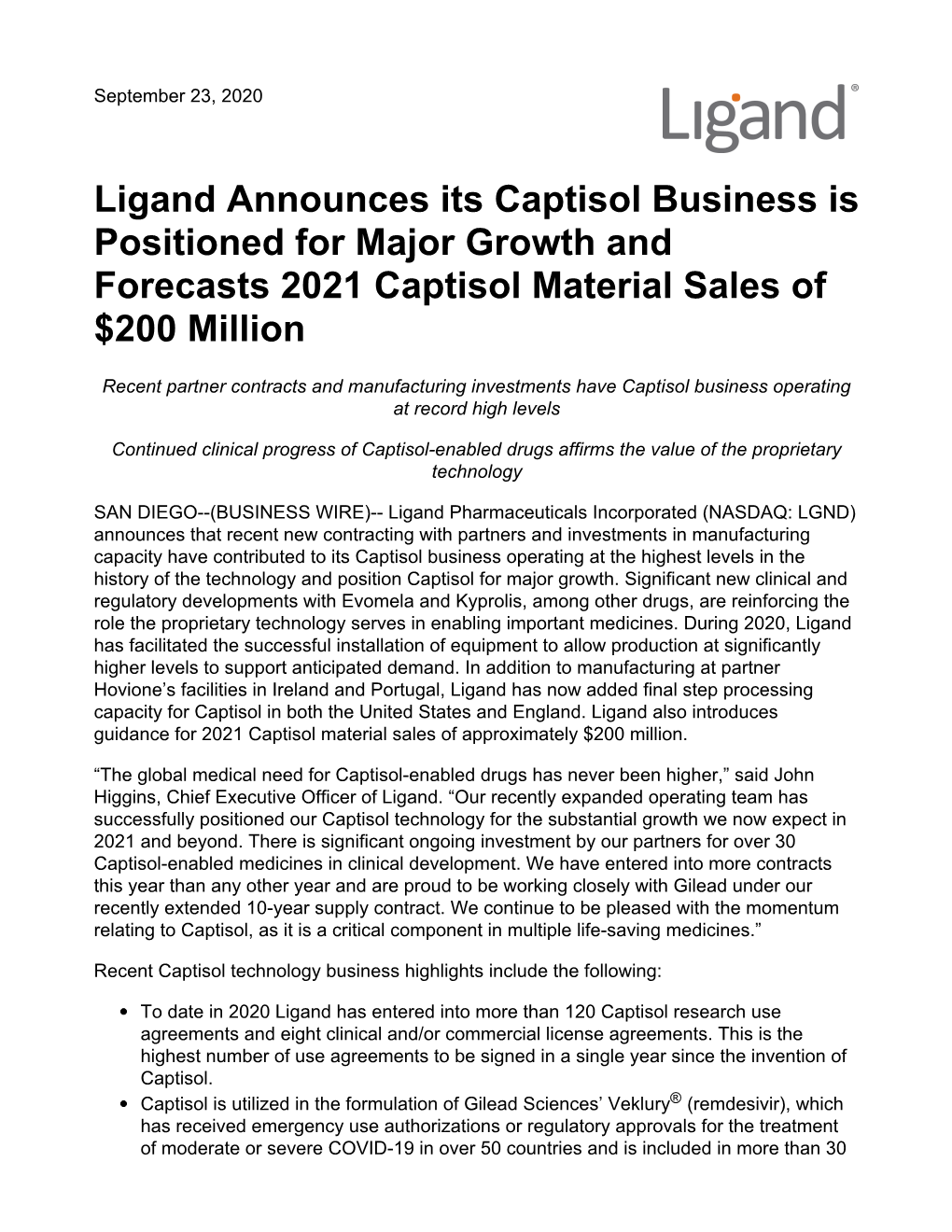 Ligand Announces Its Captisol Business Is Positioned for Major Growth and Forecasts 2021 Captisol Material Sales of $200 Million