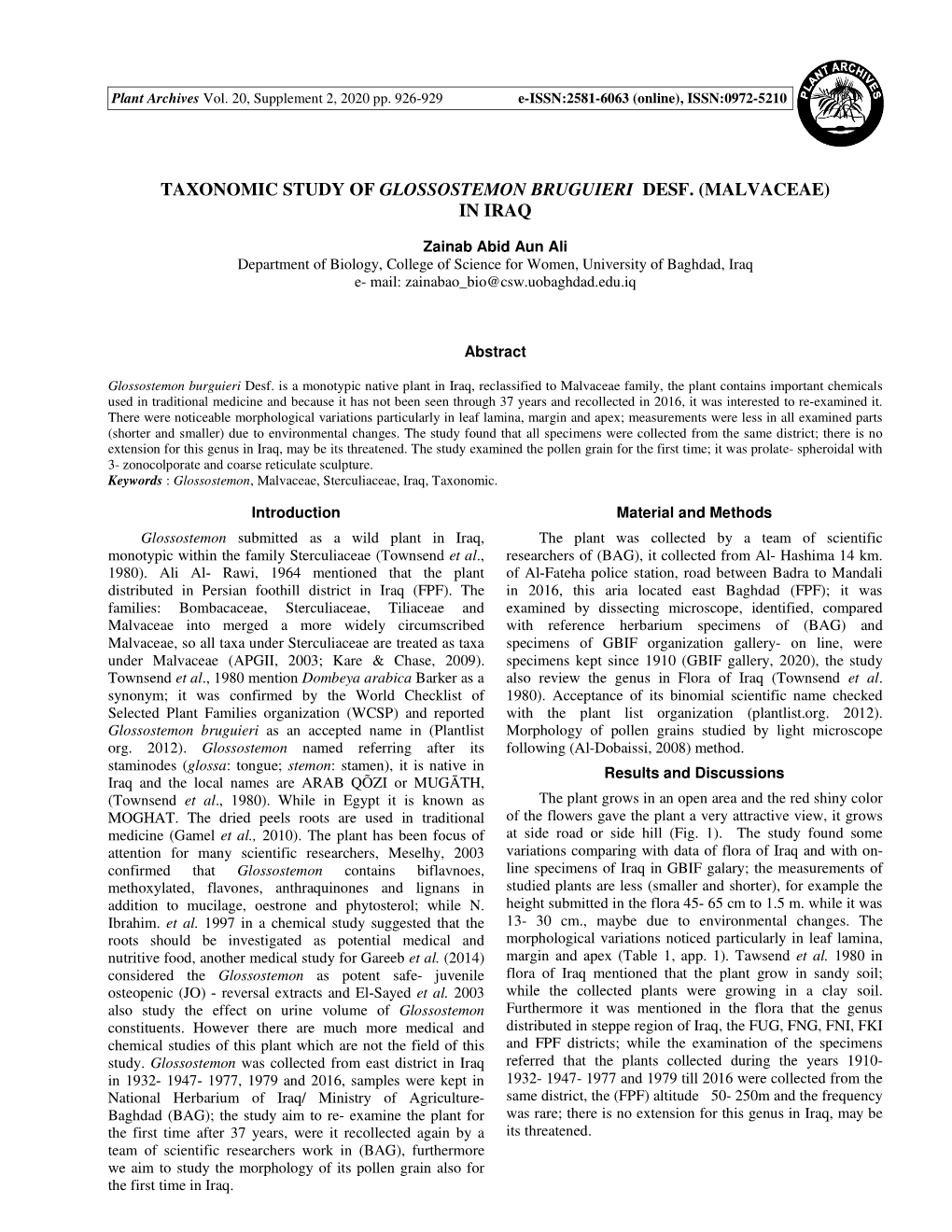 Taxonomic Study of Glossostemon Bruguieri Desf