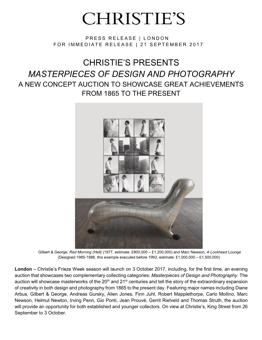 Christie's Release, Masterpieces of Design and Photography 3 October