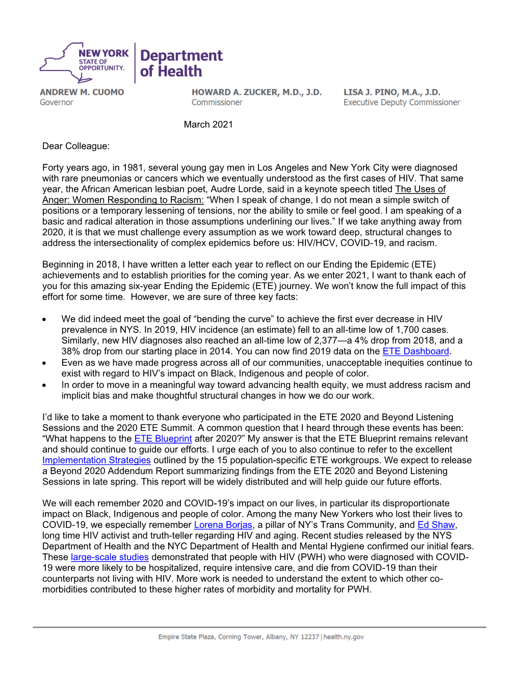 AIDS Institute Director Call to Action Letter