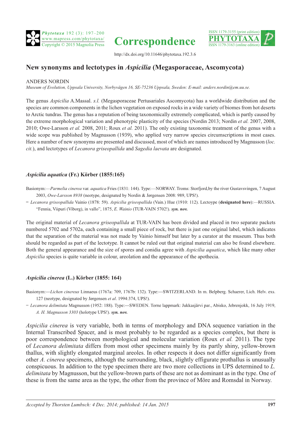 New Synonyms and Lectotypes in Aspicilia (Megasporaceae, Ascomycota)