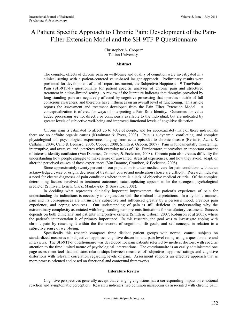 A Patient Specific Approach to Chronic Pain: Development of the Pain- Filter Extension Model and the SH-9TF-P Questionnaire