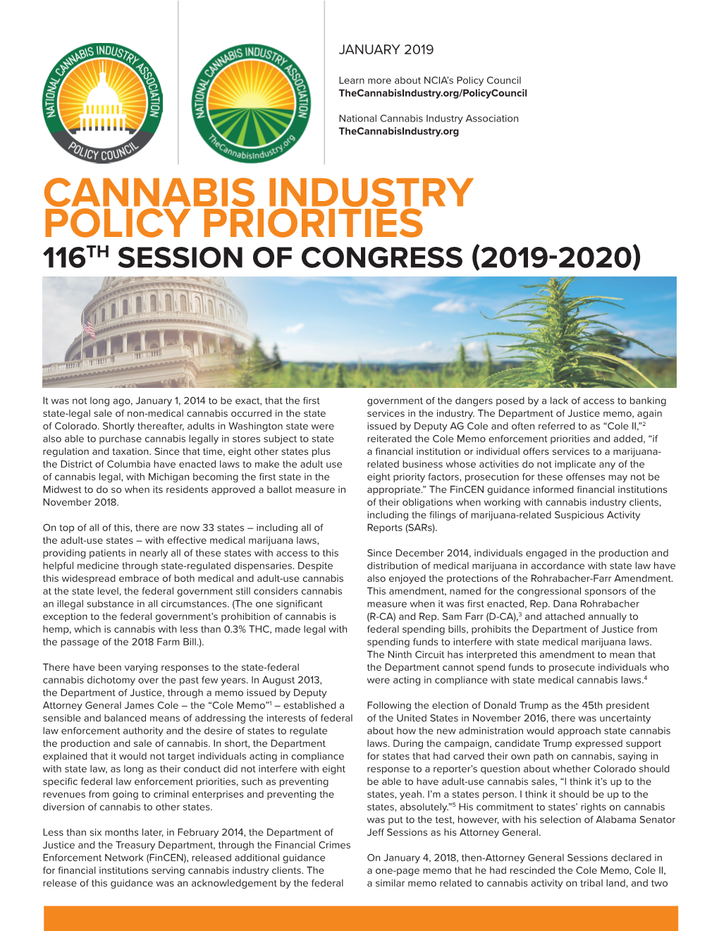 Cannabis Industry Policy Priorities 116Th Session of Congress (2019-2020)