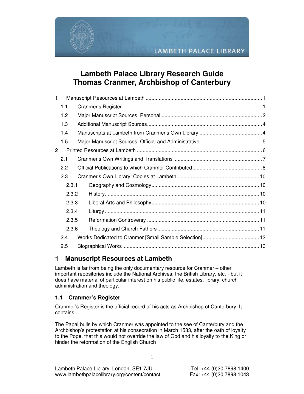 Lambeth Palace Library Research Guide Thomas Cranmer, Archbishop of Canterbury