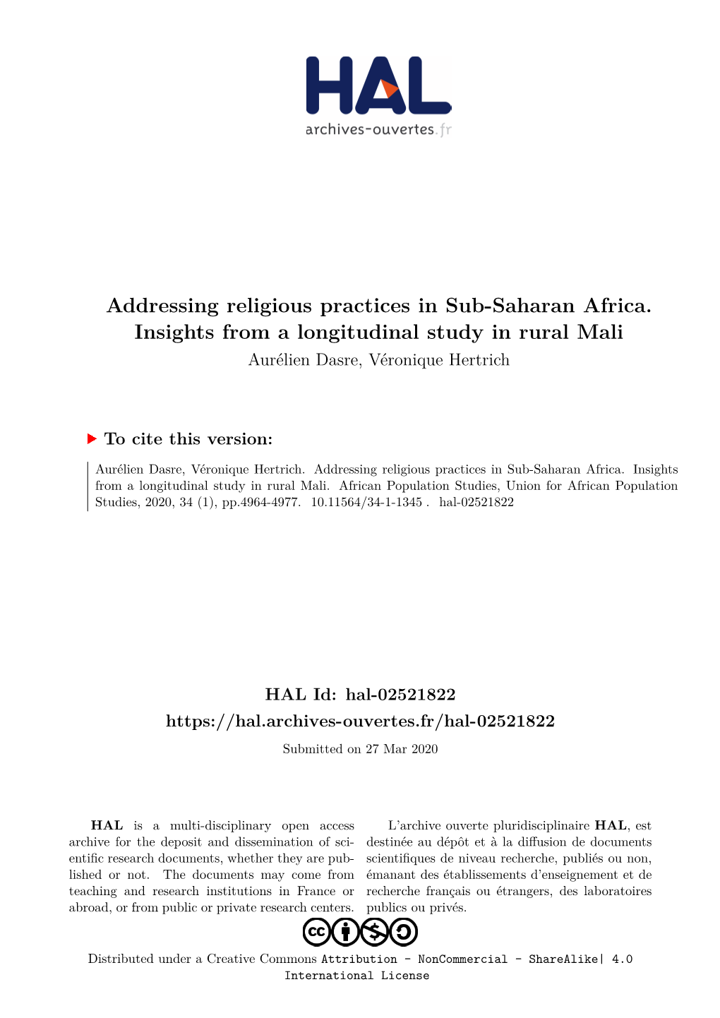 Addressing Religious Practices in Sub-Saharan Africa. Insights from a Longitudinal Study in Rural Mali Aurélien Dasre, Véronique Hertrich