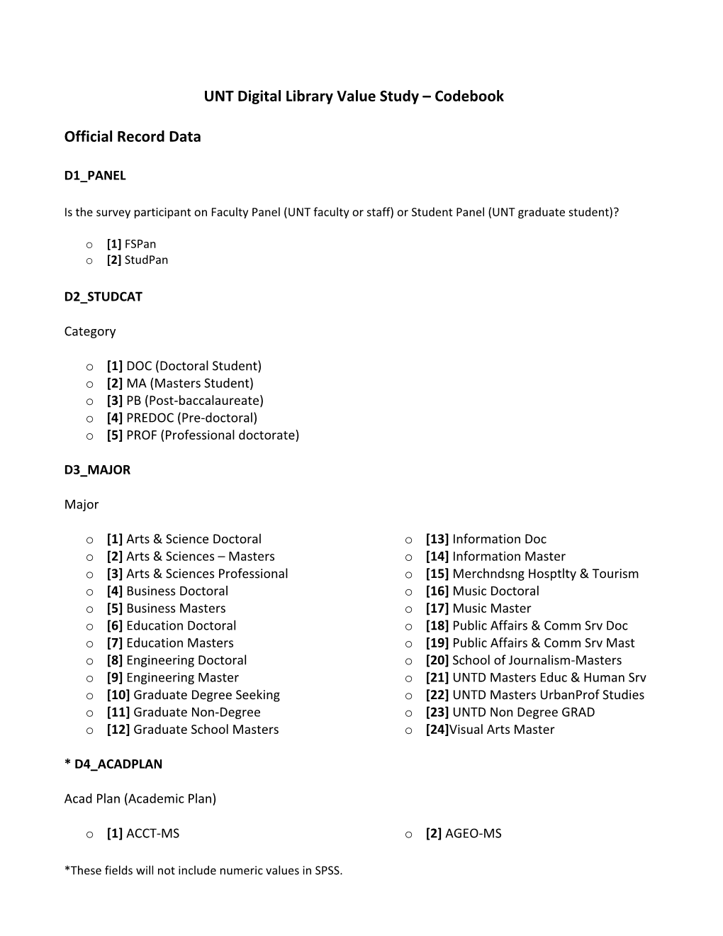 UNT Digital Library Value Study – Codebook Official Record Data