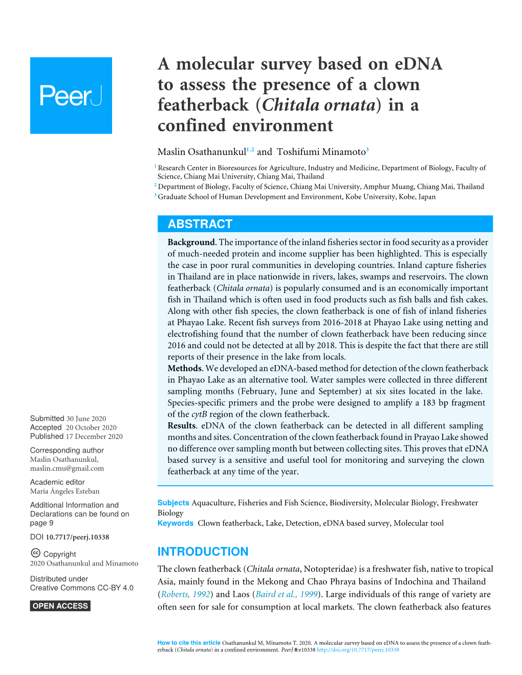 A Molecular Survey Based on Edna to Assess the Presence of a Clown Featherback (Chitala Ornata) in a Confined Environment