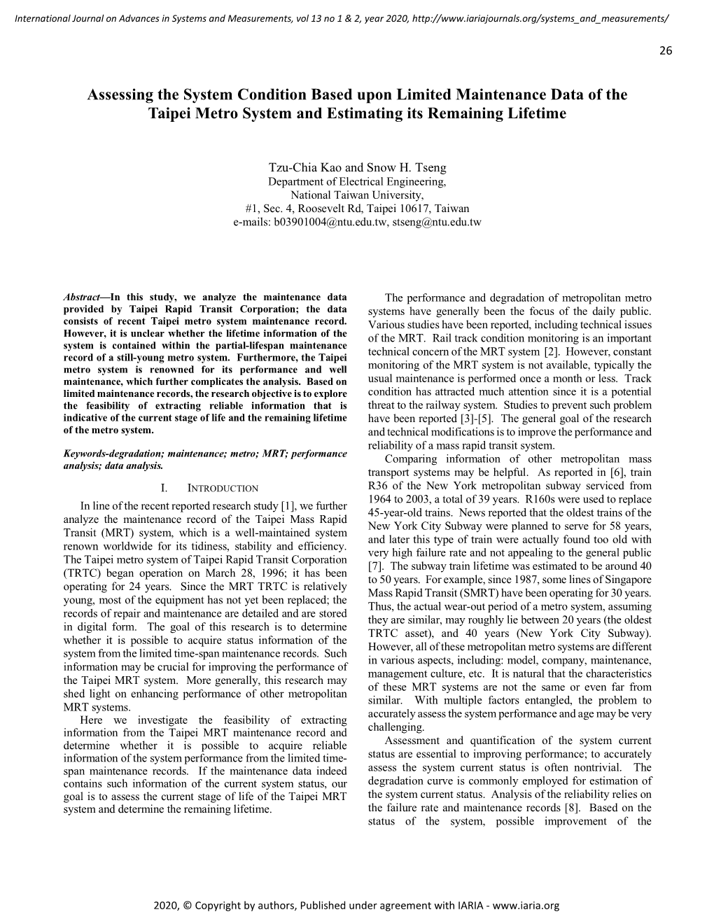 Assessing the System Condition Based Upon Limited Maintenance Data of the Taipei Metro System and Estimating Its Remaining Lifetime