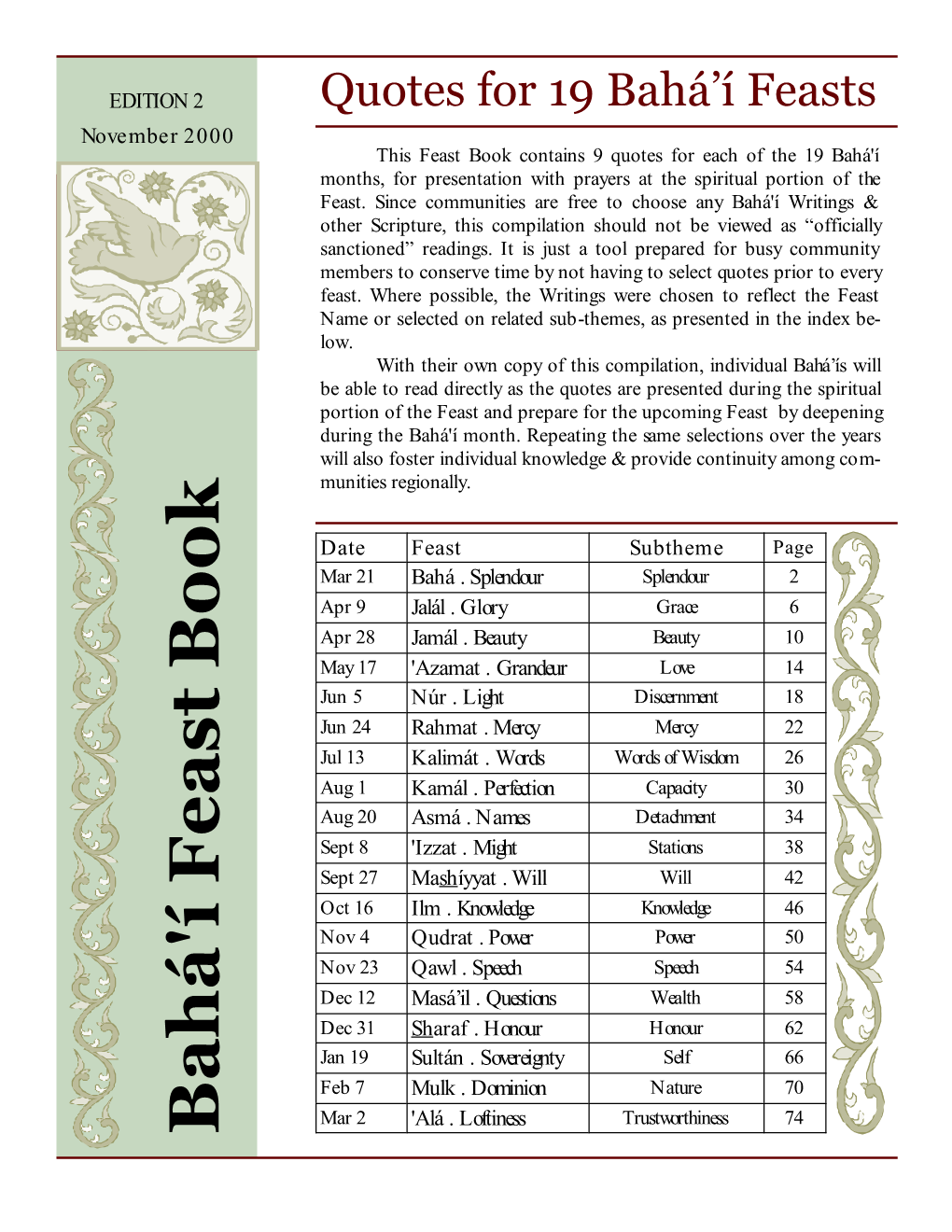 Bahá'í Feast Book Feast of Bahá (Splendour)—March 21