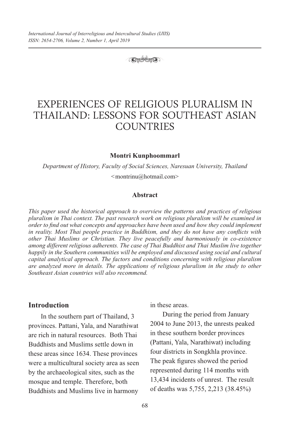 Experiences of Religious Pluralism in Thailand: Lessons for Southeast Asian Countries