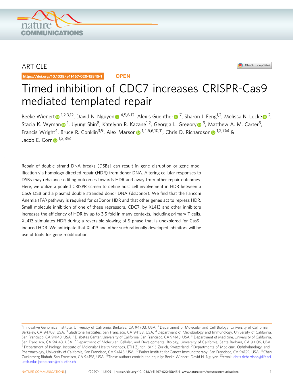 Timed Inhibition of CDC7 Increases CRISPR-Cas9 Mediated Templated Repair