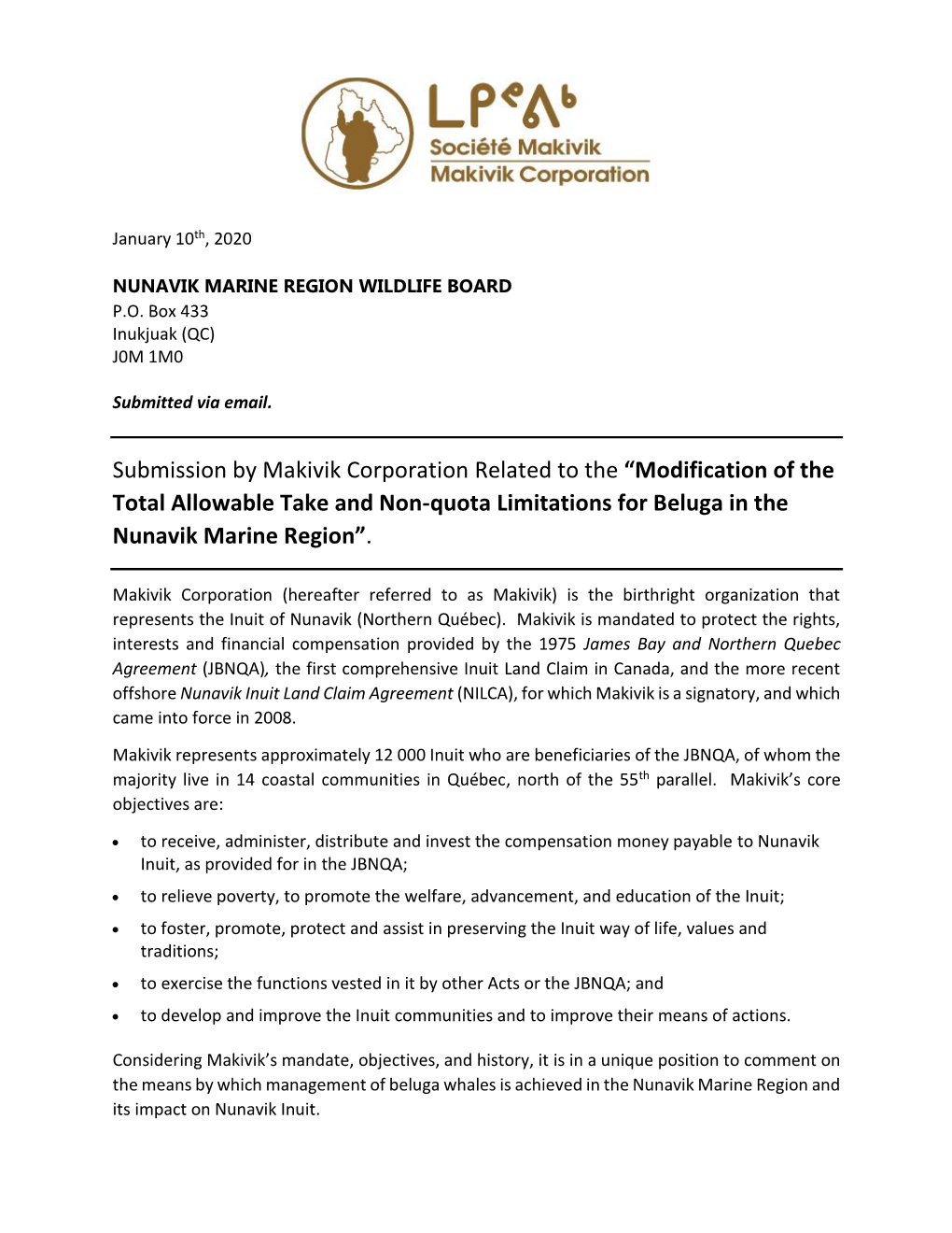 Submission by Makivik Corporation Related to the “Modification of the Total Allowable Take and Non-Quota Limitations for Beluga in the Nunavik Marine Region”