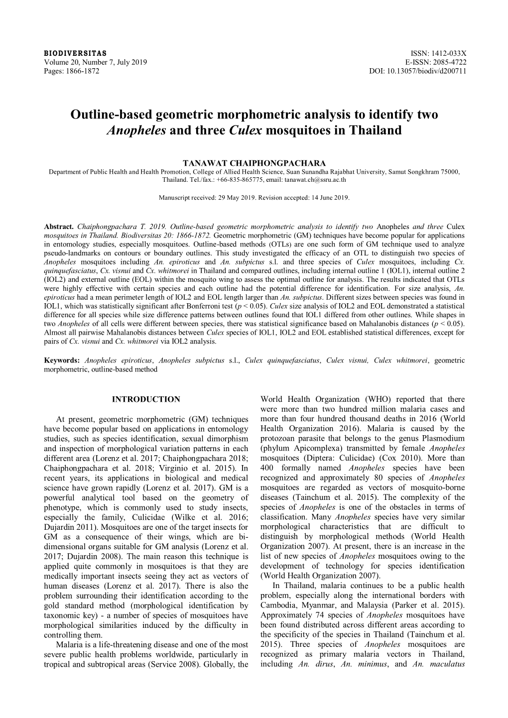 Outline-Based Geometric Morphometric Analysis to Identify Two Anopheles and Three Culex Mosquitoes in Thailand