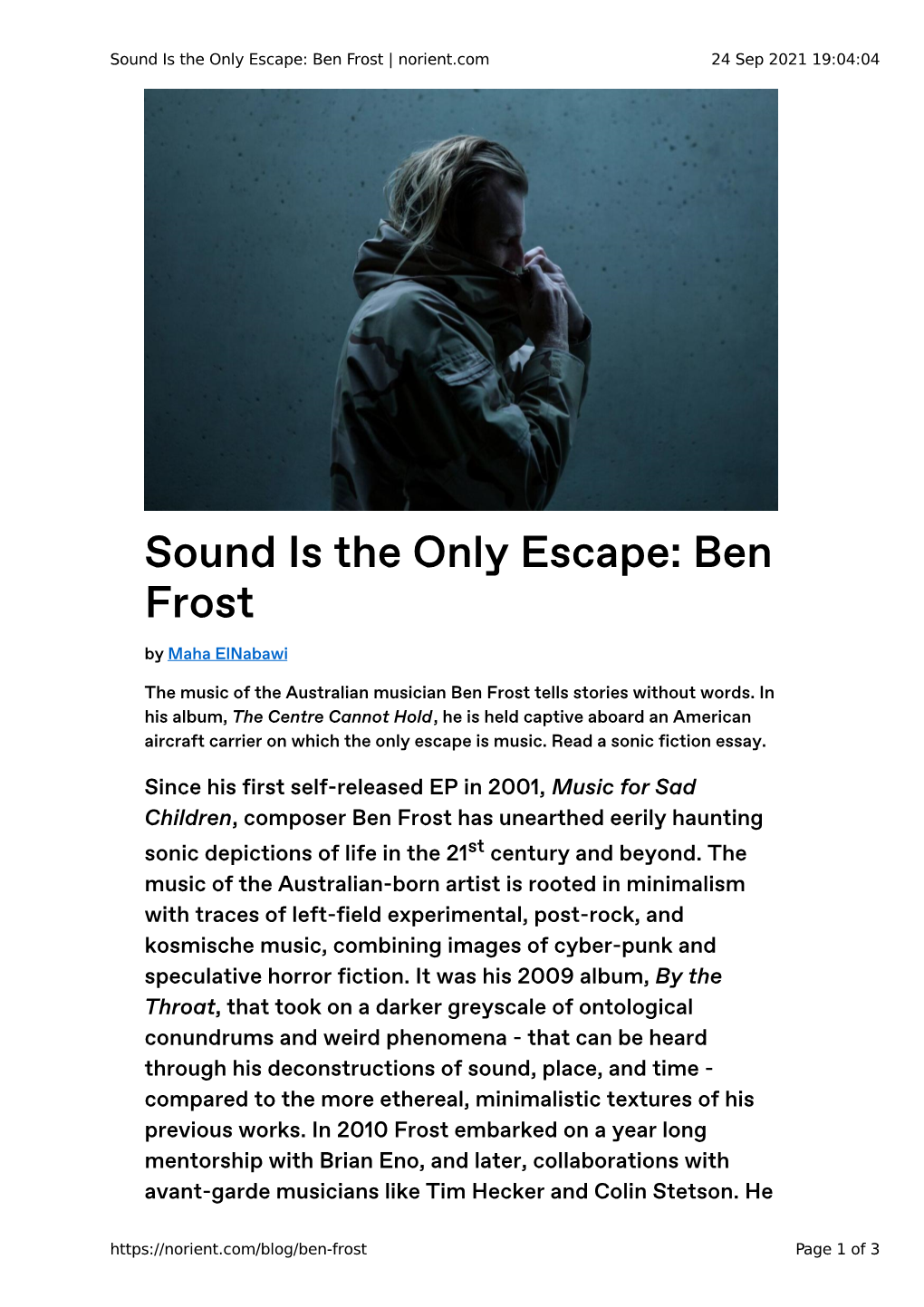 Sound Is the Only Escape: Ben Frost | Norient.Com 24 Sep 2021 19:04:04