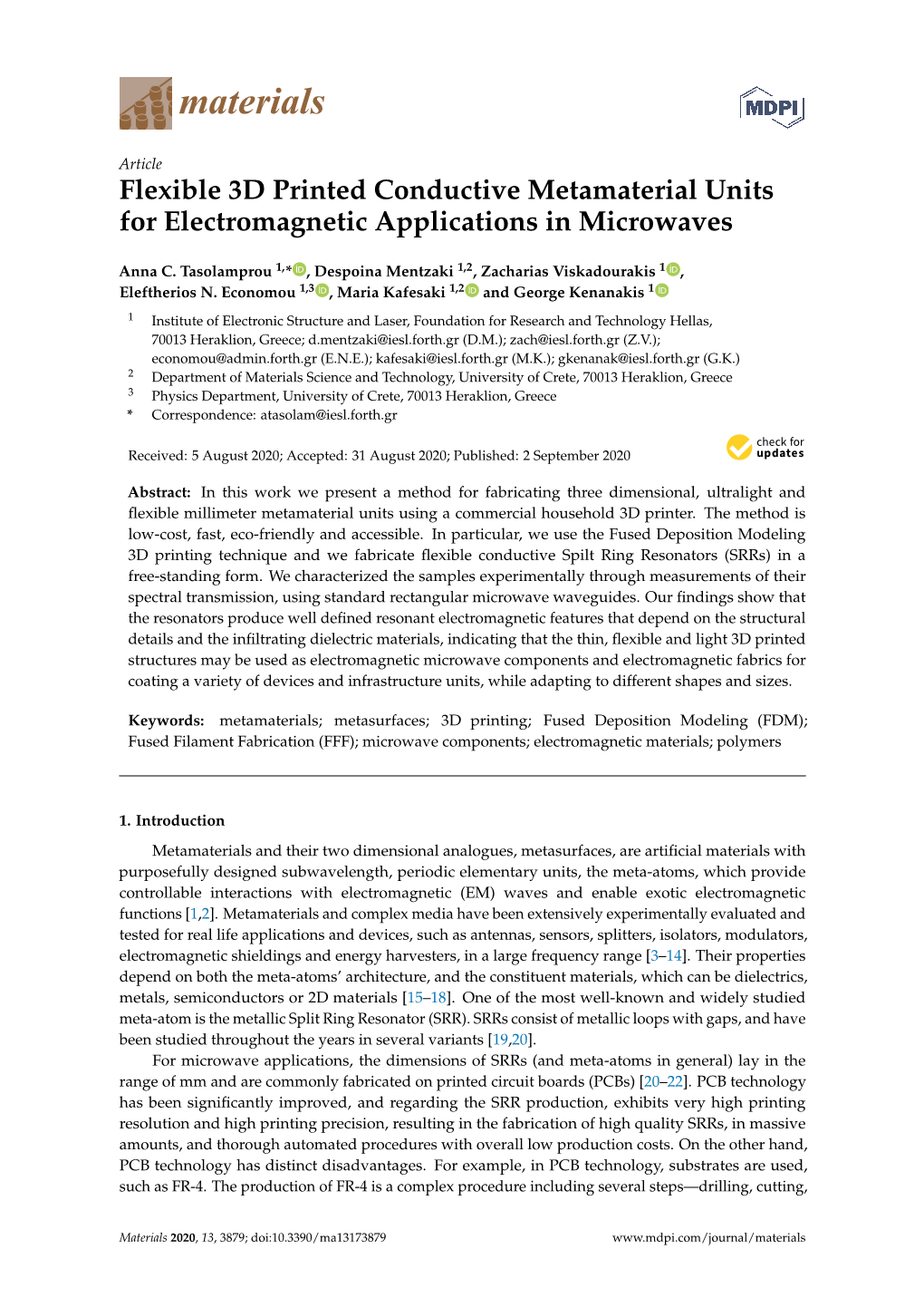 Flexible 3D Printed Conductive Metamaterial Units for Electromagnetic Applications in Microwaves