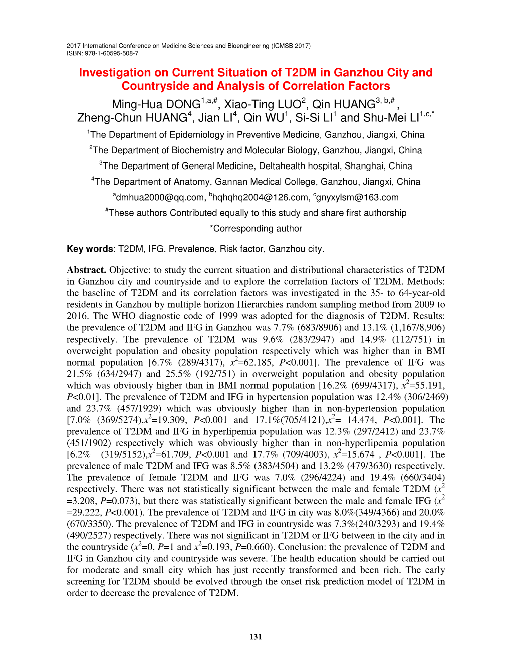 Investigation on Current Situation of T2DM in Ganzhou City and Countryside and Analysis of Correlation Factors Ming-Hua DONG