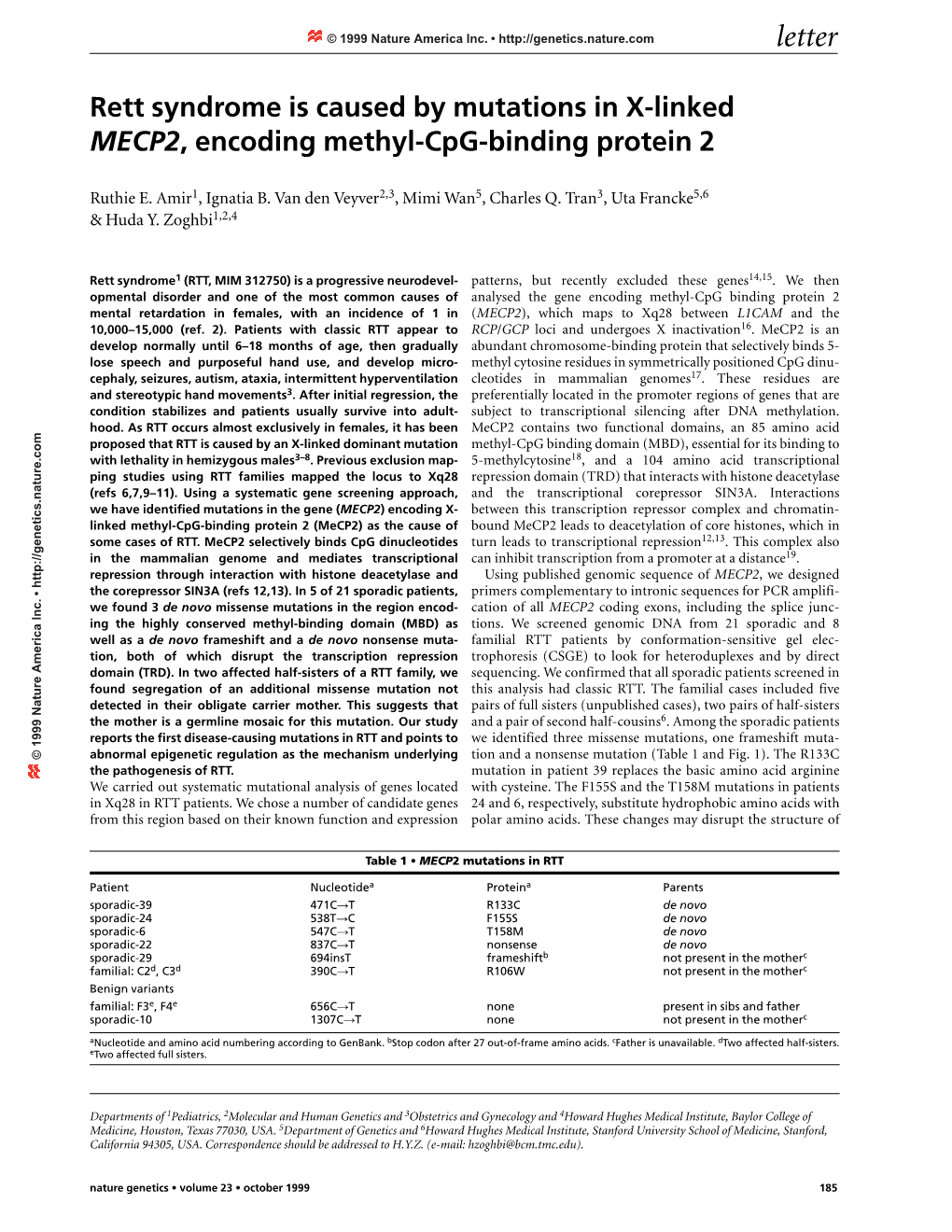 Rett Syndrome Is Caused by Mutations in X-Linked MECP2, Encoding Methyl-Cpg-Binding Protein 2