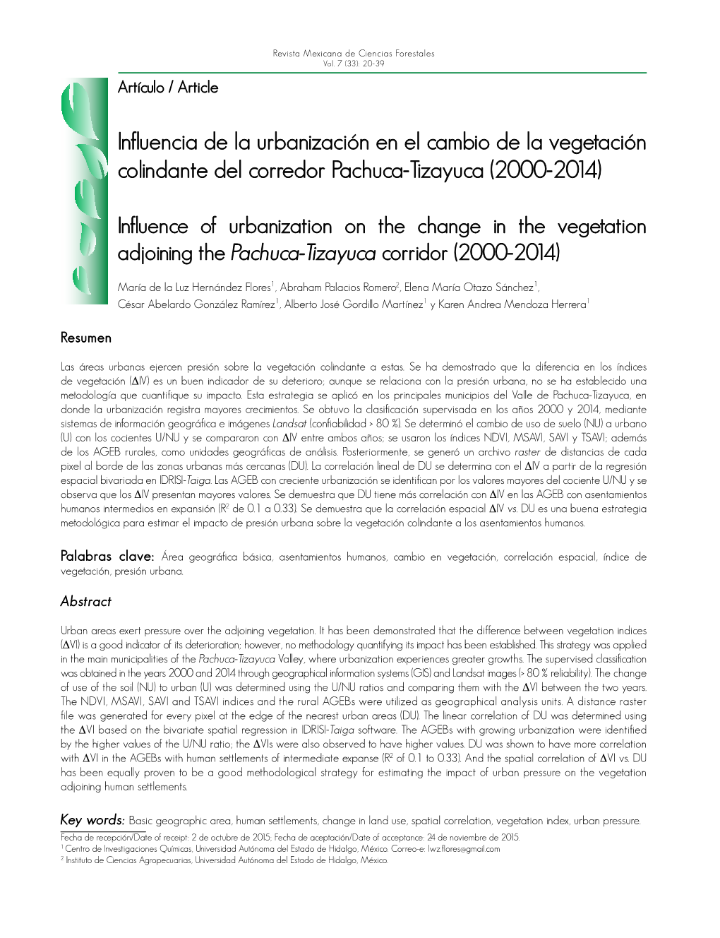 Influencia De La Urbanización En El Cambio De La Vegetación Colindante Del Corredor Pachuca-Tizayuca (2000-2014)