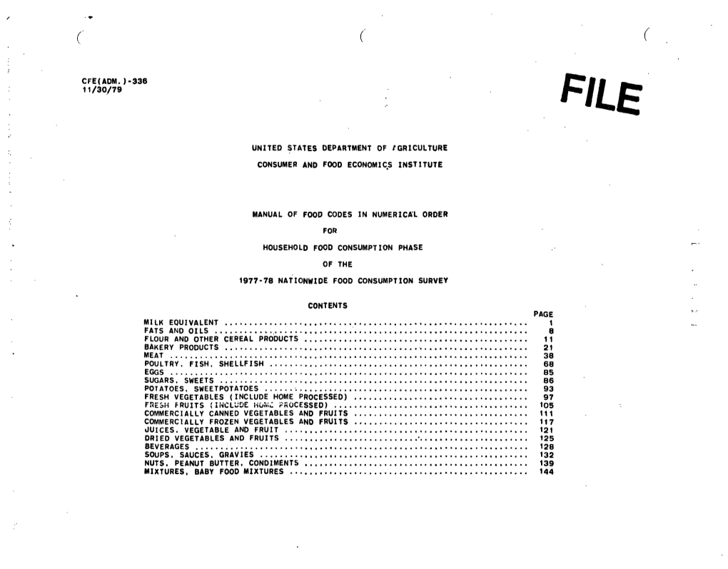 Manual of Food Codes in Numerical Order for Household Food