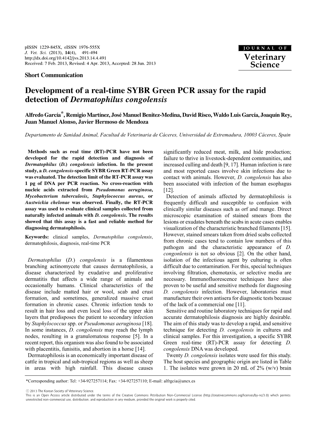 Development of a Real-Time SYBR Green PCR Assay for the Rapid Detection of Dermatophilus Congolensis