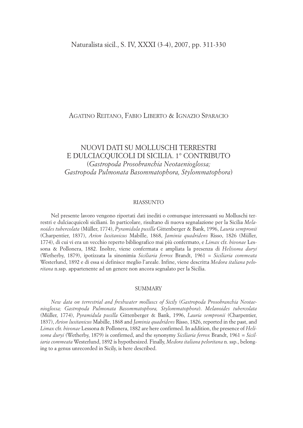 Nuovi Dati Su Molluschi Terrestri E Dulciacquicoli Di Sicilia. 1°Contributo